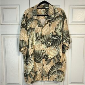 PANAMA JACK Men's Size 2XL Khaki Green Tropical Leaf Hawaiian Button Down Shirt